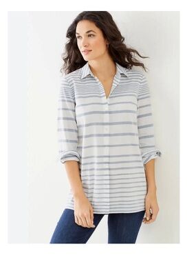J.Jill Light Blue and White Striped Button-Down Tunic Shirt 100% cotton